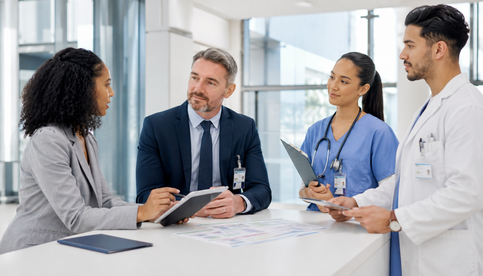 Four medical persons are talking with eachother
