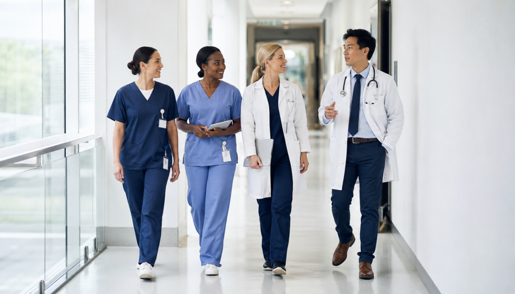 Four medical persons are walking and talking 